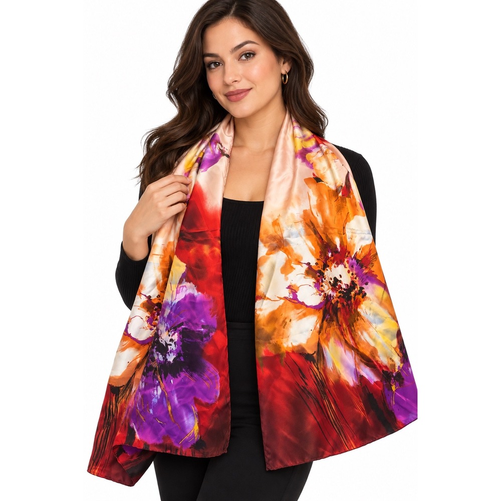 100% Silk Watercolor Floral Scarf Rectangular Red Purple Orange Wrap